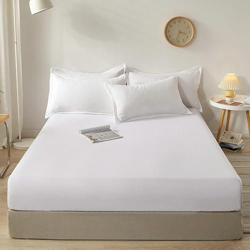 Mesnt Spannbettlaken Spannbetttuch, 152 x 203cm Baumwolle Einfarbig Bettwäsche Spannbetttuch für Boxspringbetten, Weiß-Hoch