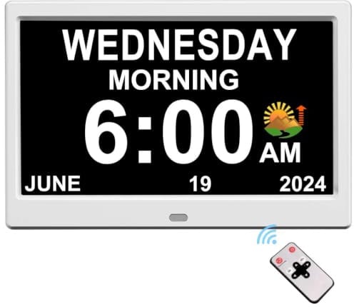 CAZOKASI Digitale Uhr mit Datum und Wochentag für ältere Menschen, 15 Alarme, Medikamentenerinnerung, Demenz, Alzheimer, Uhr, Kalender mit extra großem Display (weiß/25,7 cm)