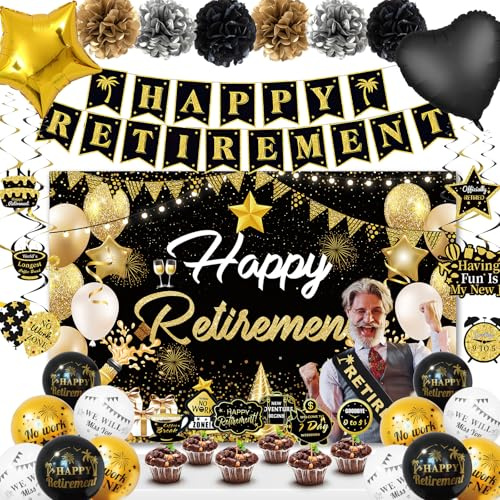 Retirement Party Decorations for Men Women, Black Gold Happy Retirement Decorations, Banner, Retired Balloons, Backdrop, Sash, Pompoms, Swirls Hanging Card, Retired Cake Topper Set
