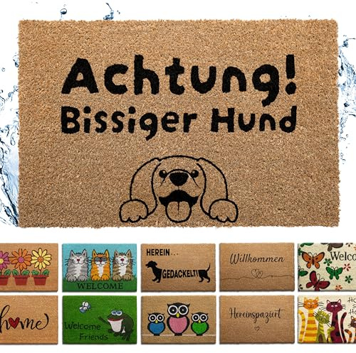 Bodenständig® Fußmatte Kokos [Wetterfest] - extrem robust - Fußabtreter außen - die Kokosmatte Fußmatte außen wetterfest. Fussmatte aussen 40x60 cm - Achtung bissiger Hund Schriftzug