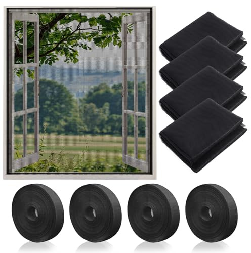 4 Stück Fliegengitter Fenster,150x130cm Insektenschutz Fenster mit 4 Rollen Selbstklebend,Fliegennetz Fenster, Moskitonetz Fenster, Schützen die Familie vor Insekten