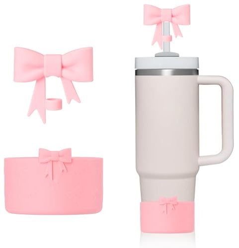 Stanley Cup Accessories Set, Siliocne Bow Straw Covers Cap Toppers for 0.4 in/10mm Straws, Protective Silicone Boot Tumbler Protector for Stanleys Cups 40oz & 30oz Tumbler (Pink)