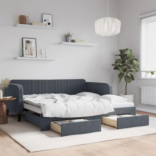 Fasba Tagesbett, Ausziehbar Schlafsofa mit Schubladen, Bettsofa Gästebett für Schlafzimmer Wohnzimmer, Sofa Bett Ausziehbett, Dunkelgrau 90x190 cm Samt