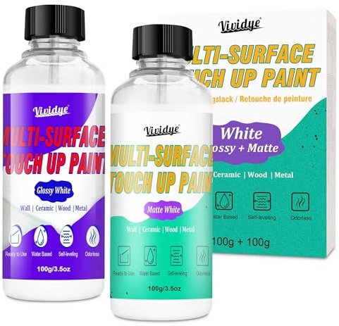White Touch Up Paint Kit - 2x100g Gloss and Matte Touch Up Paint Pen, Multi-Surface White Wall Paint for Scratches, Chips, Cracks on Door, Cabinets, Furniture, Wood, Ceramic, Fast Drying&Water-based