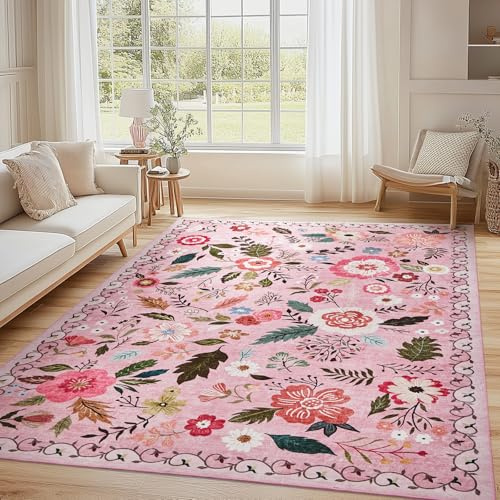 Puremy Waschbarer Wohnzimmerteppich, Vintage Blumenmuster Niedriger Flor Teppich, rutschfest, Weiche, Groß Teppiche für Wohnzimmer Schlafzimmer Bauernhaus Esszimmer und Kinderzimer, 140x200cm, Rosa