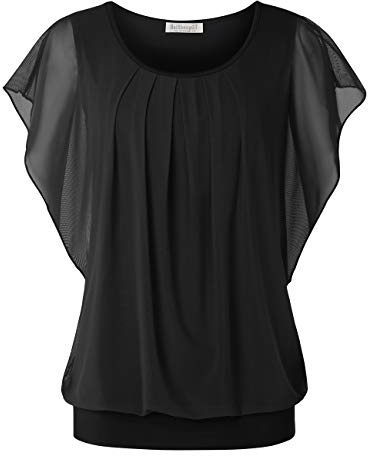 BAISHENGGT Womens Summer Mesh Short Sleeve Ladies Tops Crew Neck Pleated Front Casual T-Shirts Blouses