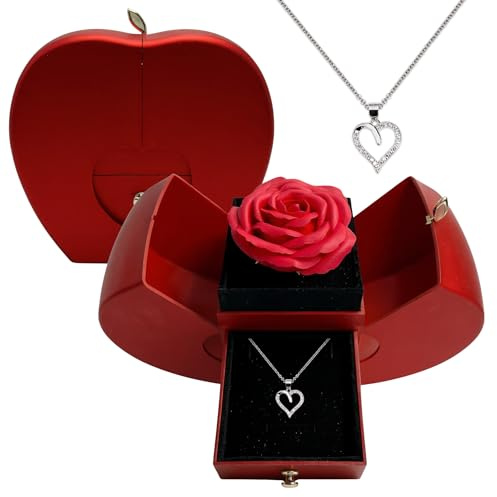 22Feels Ich Liebe Dich Geschenk Frauen Herz Halskette Silber 925/000 rhodiniert mit 23 Zirkonia Steinen Ankerkette 42-45 cm (Apfel Etui Box mit Kunst-Rose)