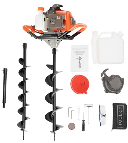 71ccm 2 Stroke Benzin Erdlochbohrer 3,5 PS Gartenbohrer Erdbohrer 300U/min Erdbohrmaschine mit 3 Bohrer (10/15/20cm) + Verlängerung +Trichter +Schutzbrille +Ölflasche für Zäune Bäume Landschaftsbau