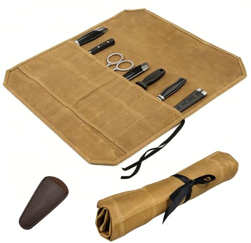 ZOCONE Messertasche Kochmesser mit Scherenetui, Tragbare Messer Taschen mit 7 Fächern Canvas Kochmesser Tasche Messerrolle Taschenmesser Reißfest für Camping Outdoor Küche