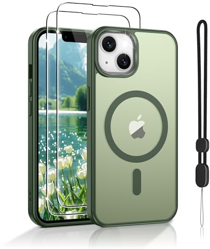 Jshru Magnetic for iPhone 13/iPhone 14 Case,Compatible with Magsafe,with Lanyard and HD Screen Protectors,[Durable & Sturdy] Slim Translucent Protective Cover,iPhone 13/14-Sage Green