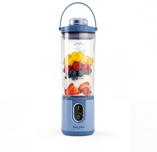 Salter ActiBoost Portable Blender, Cordless, 450ml Bottle, Blue | 100W motor, stainless steel blades, pulse function, 40-second timer, BPA-free bottle, includes blade cover and bottle base