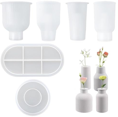 6 Pezzi Stampo in Silicone per Vasi per Resina Epossidica / Gesso, 4 Stampo per Vasi + 1 Vassoio + 1 Base, Facile da Sformare, Stampi in Silicone Fai da Te per Vasi, Portapenne e Ornamenti Decorativi
