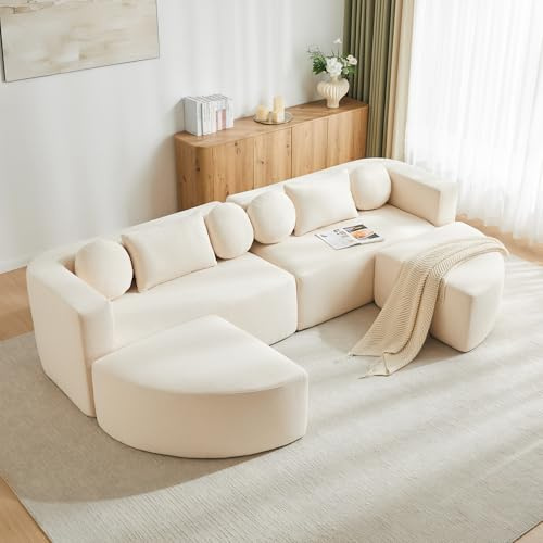 TOUSUNCO Modulares Sofa Chenille Beige 292cm Cloud-Couch, Wohnlandschaft Schlaffunktion Komplett-Montiert Design-Möbel (Beige)