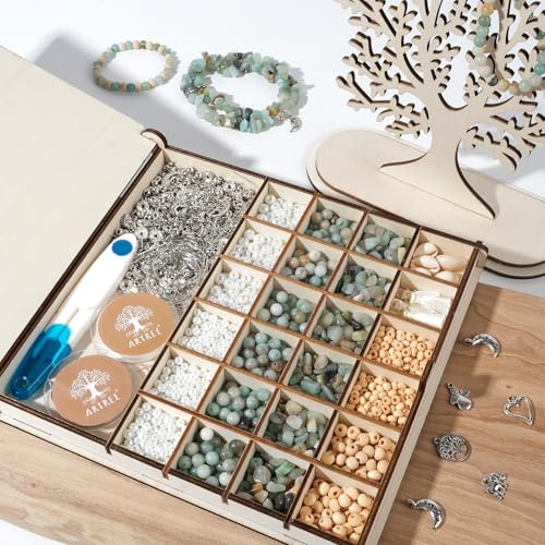 ARTREE 6mm Amazonit Perlen Set zum Schmuck Selber Machen – Natursteinperlen mit Holzbox & Schmuckbaum, Edelsteinperlen zum Auffädeln für Armbänder und Halsketten, DIY Geschenk für Frauen & Mädchen