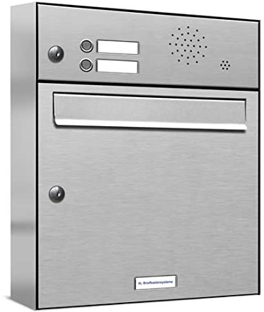 AL Briefkastensysteme 1er Briefkasten mit Klingel V2A Edelstahl, Premium Briefkasten DIN A4, 1-Fach Postkasten modern Aufputz