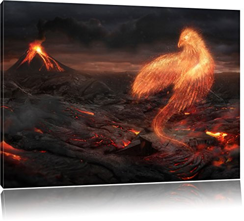 Pixxprint Brennender Phönix Vulkanlandschaft, Größe: 120x80cm, Leinwandbild, fertig gespannt, Wandbild, Dekoration, Kunstdruck, kein Poster