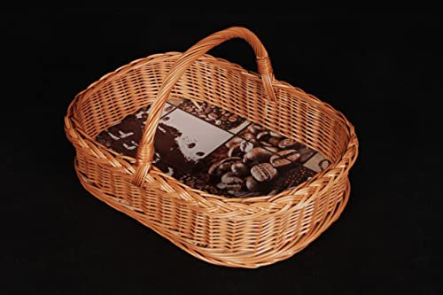 Tablettkorb mit Bügelgriff, aus unbehandelter Weide, stabiler Sperrholzboden mit hochwertiger Wachstuchfolie (Kaffee)
