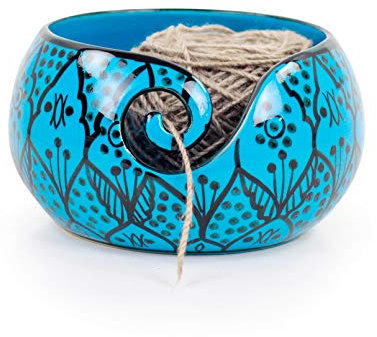 Ceramic Attractively Hand Painted Gorgeous Stoneware Yarn Ball Storage Bowl with Innovative Dispensing Curl | Knitting & Crochet Accessions | Nagina International (Greek Blue, Large)