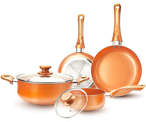 Poêle avec couvercle Fruiteam - Poêle avec revêtement anti-adhésif en céramique. Batterie de cuisine parfaite pour saute et grill Cookware Set Cookware Set-Ceramic Nonstick Layer