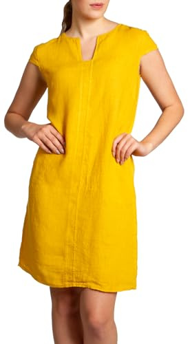 Caspar SKL036 Damen Sommer Leinenkleid mit ausgefallenem Ausschnitt, Farbe:gelb, Größe:S - DE36 UK8 IT40 ES38 US6