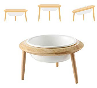 White Ceramic Adjustable Elevated Raised Pet Bowl with Wood Stand for Cats and Dogs No Spill Pet Food Water Feeder (3 installation methods for different height) Small
