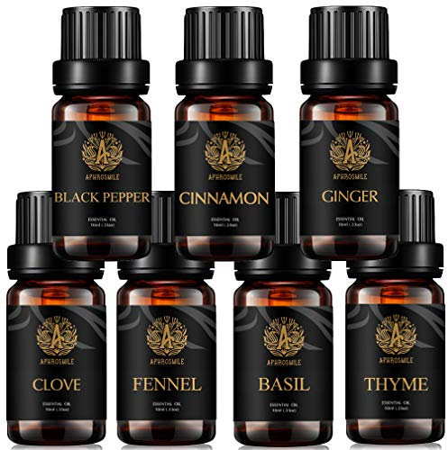 7x10ml aromathérapie Spicy Huile Essentielle Set-Girofle, basilic, fenouil, thym, gingembre, poivre noir, cannelle Huiles essentielles pour diffuseur, 100% pur thym Huile Set pour maison