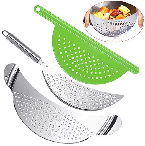 3pcs Stainless Steel Pot Strainer, Pasta Strainer Hand Held Pot Drainer with Handle, Crescent Pot Strainer Fits up to 9 Pots for Noodles Pasta Fruit Veggies