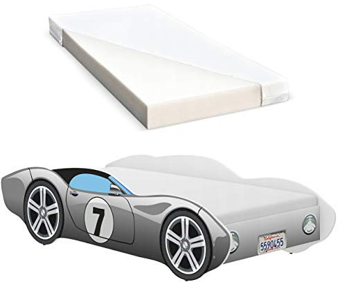 iGLOBAL Kinderbett Autobett Cars Bett Jugendbett Juniorbett Bett mit Lattenrost Stellage Schaumstoffmatratze 140 x 70 cm (Grey Without Flames)
