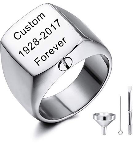 MeMeDIY Personalisierte Urne Ring Siegelring für Frauen Männer Haustier Gravur Name/Text Gedenktaschenhalter aus Edelstahl Souvenir mit Trichterbausatz Ringgrößeneinsteller (Sliber Größe 70)