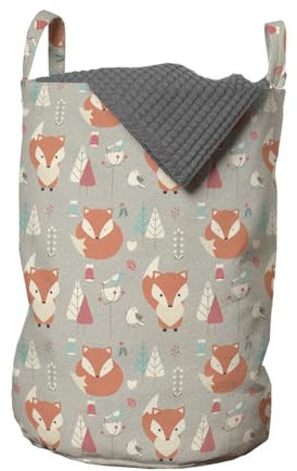 ABAKUHAUS Fuchs Wäschesack, Waldvögel und Tannenbaum, Wäschekorb mit Griffen Kordelzugverschluss für Waschsalons, 33 cm breit x 49 cm hoch, Orange Grau Hellblau