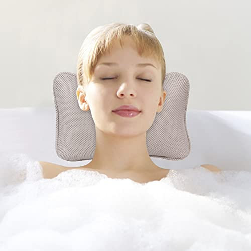 wojonifuiliy Badewannenkissen Nacken, Waschbar Badekissen mit Saugnäpfen/Atmungsaktiv, Bequem/Badezimmer-Kissen,3D-Mesh-Badekissen, SPA-Kissen - Badewannenkissen Nackenhörnchen (Grau)