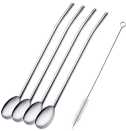 Westmark Trinkhalmlöffel, 4 Löffel + 1 Reinigungsbürstchen, Wiederverwendbar, Rostfreier Edelstahl, Silber, 62712260