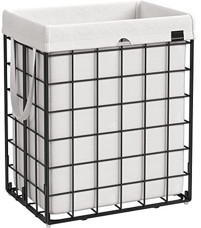 SONGMICS Wäschekorb 90L, faltbarer Wäschesammler, abnehmbarer und waschbarer Wäschesack, Metalldrahtgestell, für Schlafzimmer, Bad, Waschküche, schwarz-weiß LCB190W01