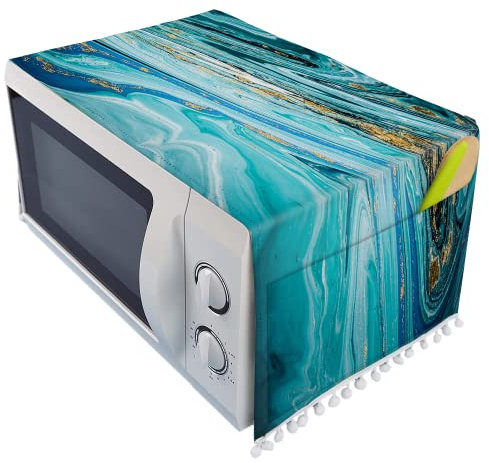Microwave Oven Cover Dust Oil Proof Cloth Linen Machine Protector Decorative Kitchen Appliance Cover with Side Storage Pockets 11.8x35.4inches Blue Gilt Marble Pattern