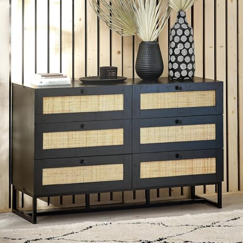Julian Bowen Padstow Chest of Drawers, 6 Drawer, Black - H75 x W120 x D40cm | Industrial Style Drawer Storage Organiser, 6 Drawers, Rattan Detailing, Dresser for Bedroom, Living Room & Hallway