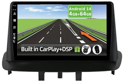 YUNTX Android 14 [4GB+64GB] 2 DIN Autoradio para Renault Megane 3 2009-2014-[Integrado CarPlay/Android Auto/DSP/GPS]-9” IPS 1280X600 Touch Screen-Cámara+Mic-Dab/Control del Volante/BT 5.0/360 Cámara