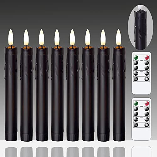 Mavandes Flameless Flickering Taper Candles Two Remote, 19 cm Black Battery Operated LED Window Candles Timer,Set of 8 Plastic 3D-Wick Dripping-Wax Effect Flameless Candlesticks(D:2.2cm,Warm Fire)