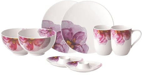 Villeroy & Boch – Rose Garden Frühstücks-Set 8 teilig für 2 Personen Blumig, Spülmaschinenfest, Mikrowellensicher, Rosa Geschirrset, Frühstücksteller, Tassen, Schüsseln, Eierbecher, Premium Porzellan