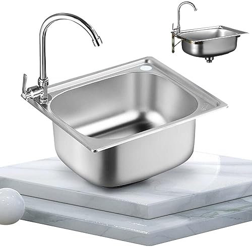QARIDO Fregadero de cocina pequeño, fregadero de acero inoxidable de un solo recipiente, caravana, para montaje bajo techo y montaje empotrado, escurridor reversible con clips para tuberías de desagüe