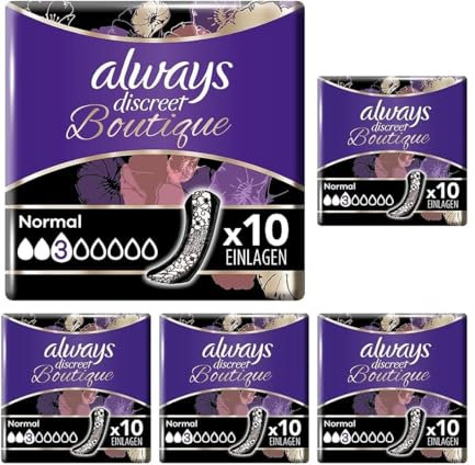 Always Discreet Boutique Inkontinenzeinlagen Normal (10 Binden) diskreter & sicherer Schutz im femininen Design bei Blasenschwäche, geruchsneutralisierend (Packung mit 5)