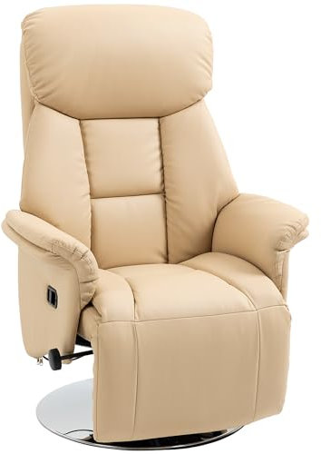 HOMCOM Sillón de relajación Sillón Relax de salón reclinable giratorio Reposapiés ajustable Reposapiés patas acero cromado revestimiento sintético PU hasta 150 kg crema