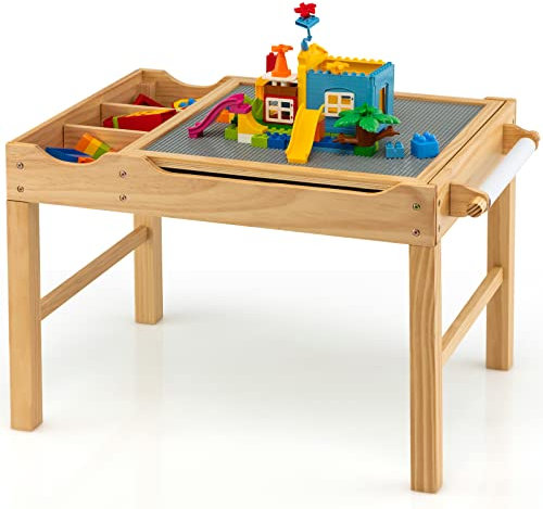GOPLUS Kindertisch mit umkehrbarer Tischplatte, Aktivitätstisch aus Kiefernholz mit Papierrollenhalter, 3M Papier & großen Stauraum, Bausteintisch zum Basteln, Lesen, Spielen für Kinder (Natur)