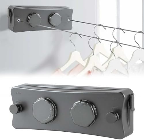 Domigard Corda per biancheria retrattile,stendibiancheria interna a parete doppia linea invisibile filo di lino estensibile in acciaio inossidabile,corda da biancheria regolabile2*5,1m (Grigiastro)