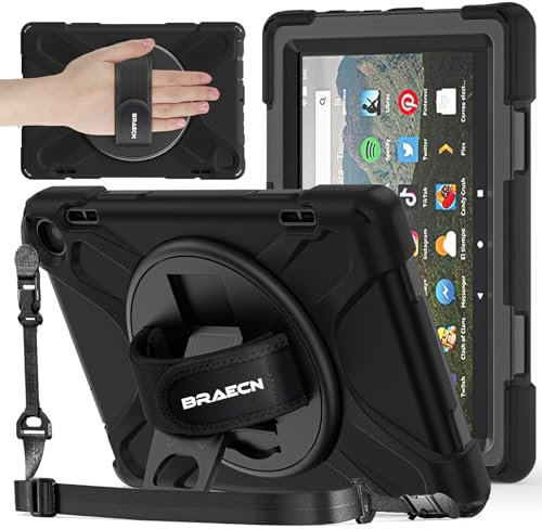BRAECNstock Custodia per tablet Amazon Fire HD 8 di 12a generazione 2022, antiurto Proetective Kindle Fire HD 8, custodia per bambini, con cinturino da polso girevole+supporto, portapenne, tracolla,