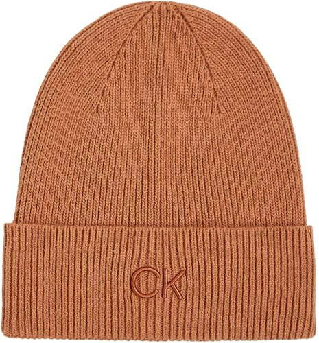 Calvin Klein Damen Strickmütze Embroidery Fine Rib Beanie Warm, Braun (Lion), Einheitsgröße