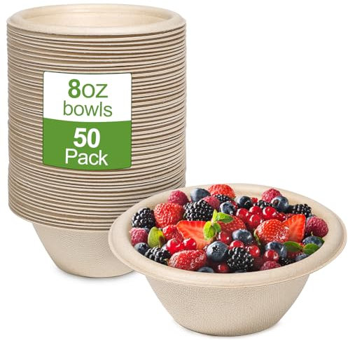 GREENESAGE 50 Pack Paper Bowls Disposable Bowls 8oz Eco-Friendly, Sugarcane Strong Brown Small Bowl Compostable Round Soup Bowl for Hot Food Dessert