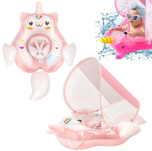 Newborn Baby Swimming Float 3-12 Months,Pink Unicorn Inflatable Baby Pool Float Ring with Sun Canopy Seat Anti-Flip Tail,Baby Swimming Ring Floating Swim Circle for Baby Toddlers Infant Swim Ring