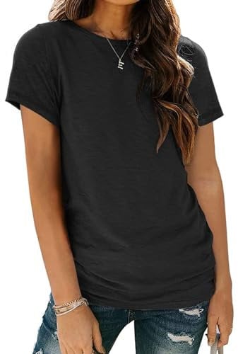 AirMood Women Summer Casual Round Neck Tee Tops Basic Short Sleeve Shirts Tshirt (Black,M)