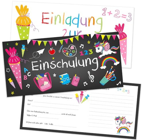Capaneus 12pcs Einladungskarten Einschulung Einhorn, Einschulung Einladung Mädchen mit Umschlag, Einladungen zum Schulanfang mit Einhorn Motiv, Einladungskarten für Kinder zum Schulbeginn