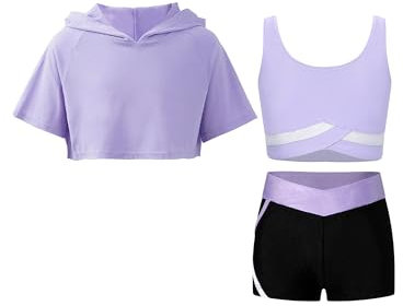 inlzdz Completo Sportivo Bambina Felpa con Cappuccio Hoodie + Reggiseno Crop Top + Pantaloncini Sportivi Tuta da Ginnastica Artistica Streetwear Dancewear A Viola 11-12 Anni